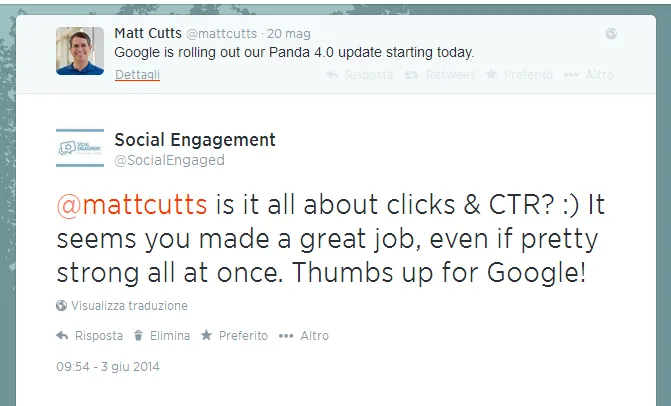 twitter matt cutts social engagement panda 4.0 ctr