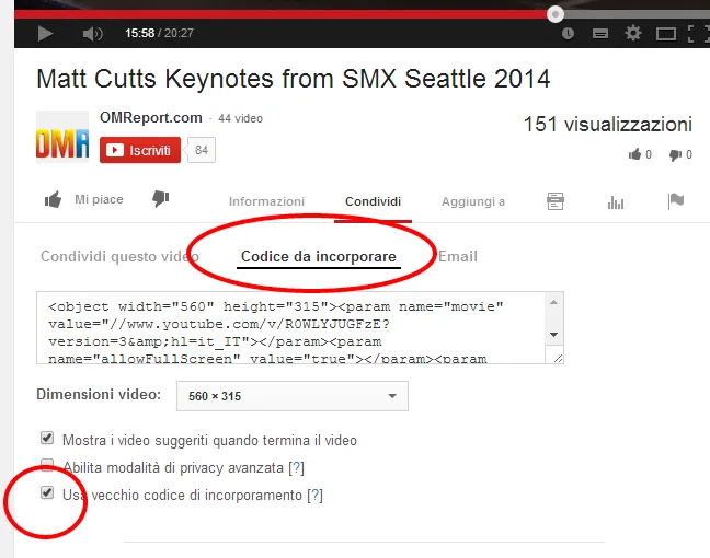 link youtube codice da incorporare minuto esatto
