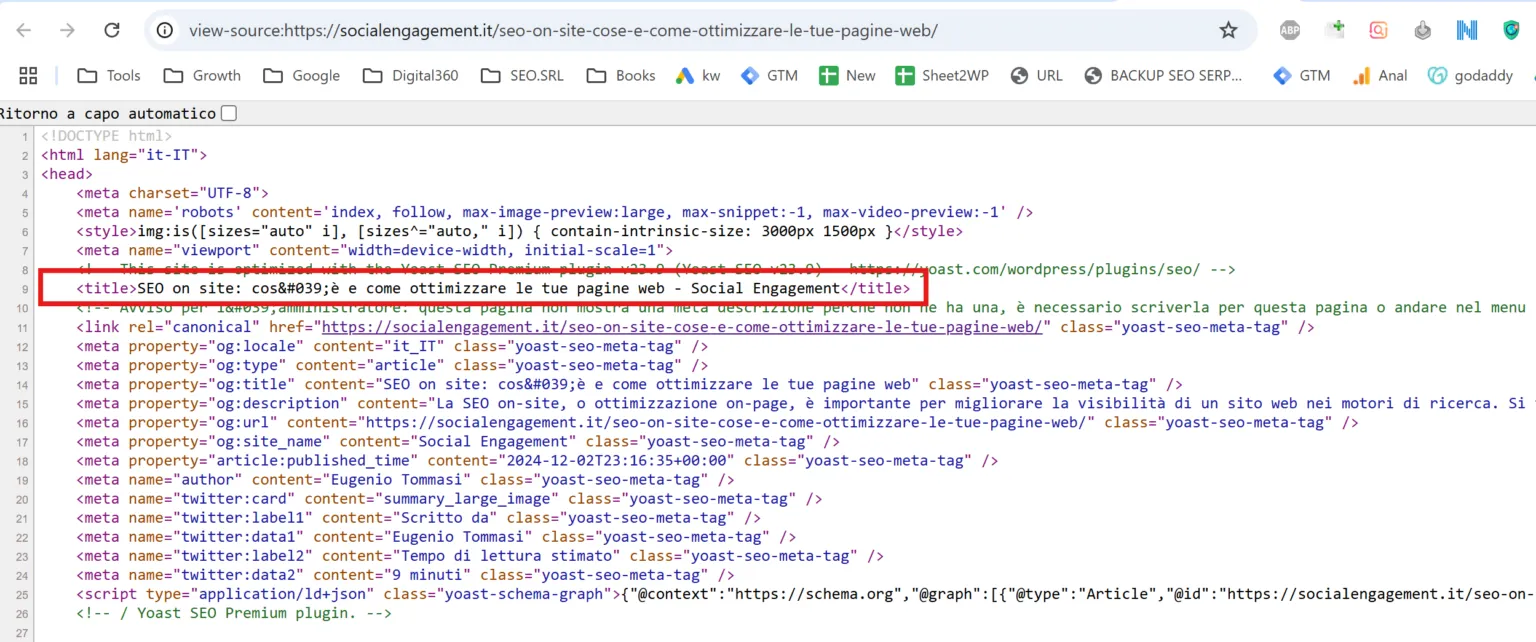 esempio meta title seo da codice sorgente pagina