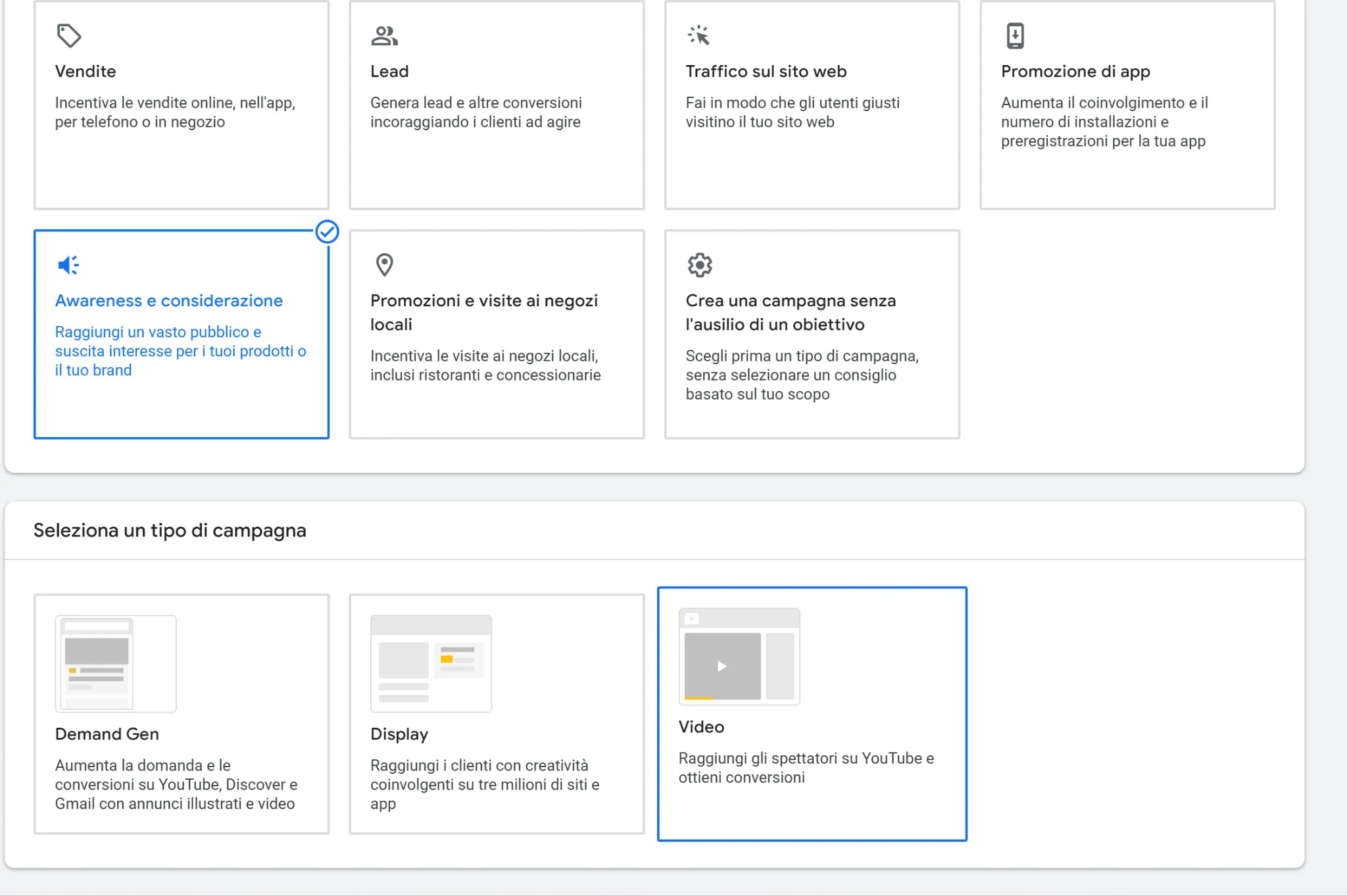 obiettivo campagna video youtube