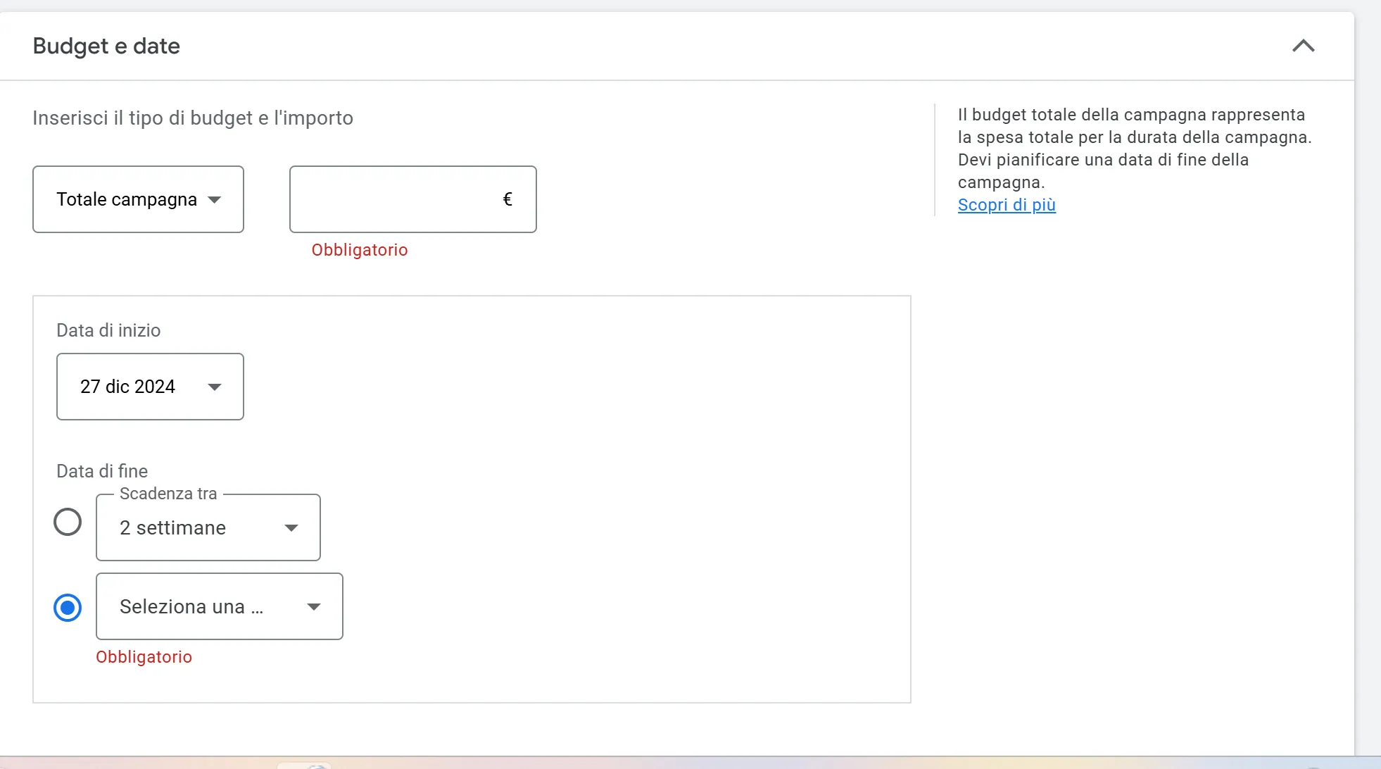 budget date e impostazioni avanzate google ads